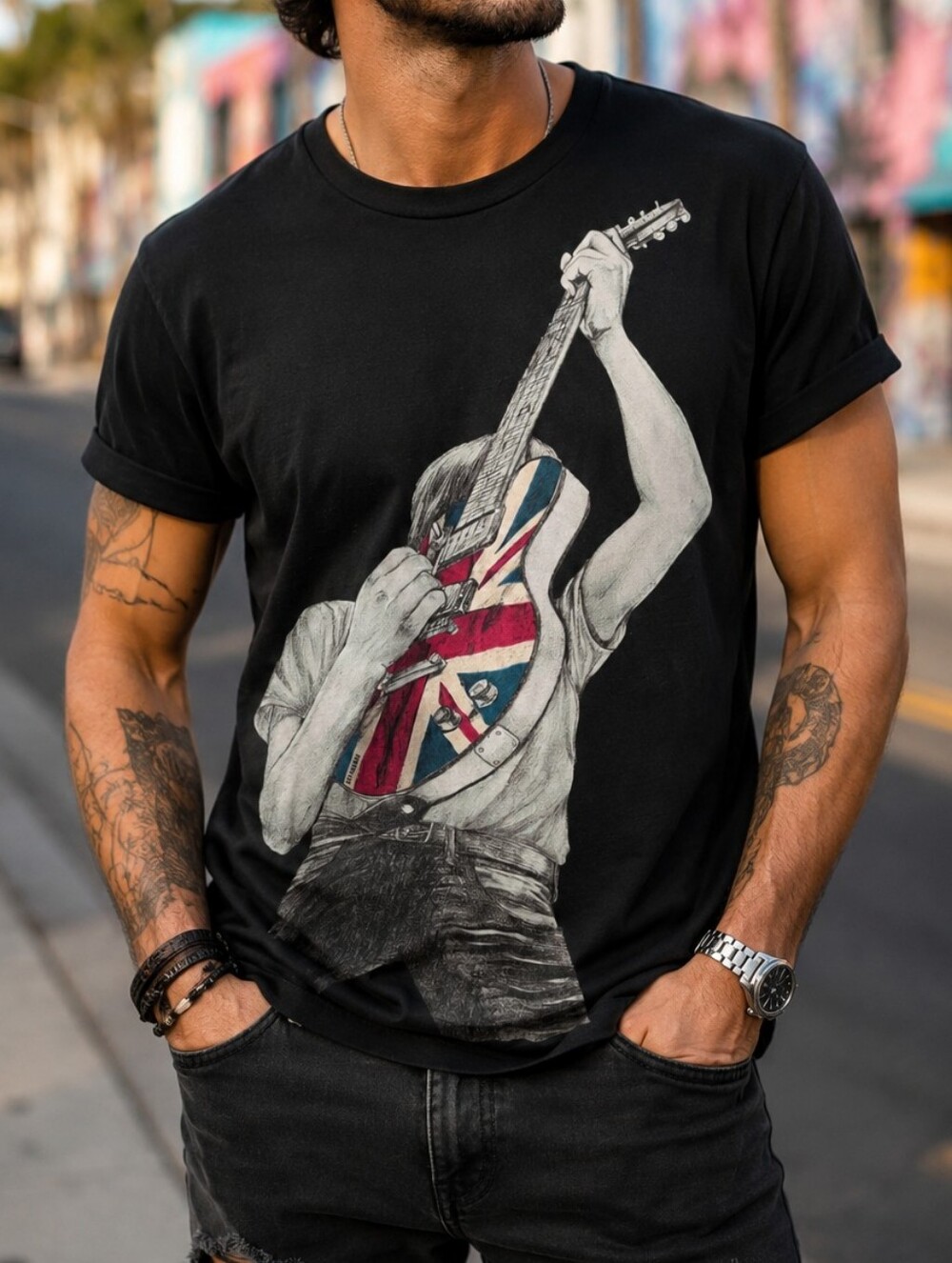 Ben Sherman Black Union Jack Guitar Graphic T-Shirt 100% Cotton Rock Band Men's